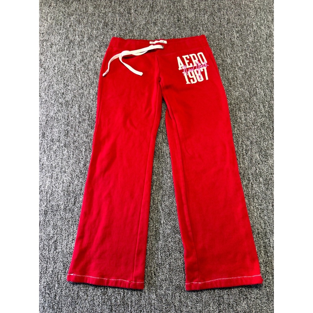 Aeropostale 1987 Sweatpants Womens XS Red Fleece Lined Logo Wide Leg Drawstring